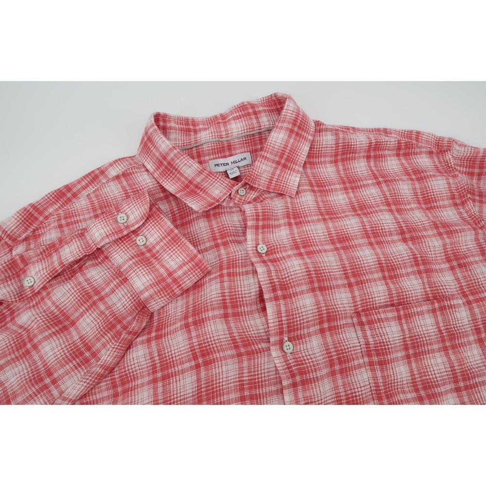 Peter Millar Mens XL‎ Suncrest Linen Sport Shirt Long Sleeve Red Plaid Button